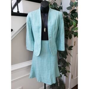Kasper Skirt Suit Set Womens 6 Petite Teal Peplum Hem Long Sleeve Open Front